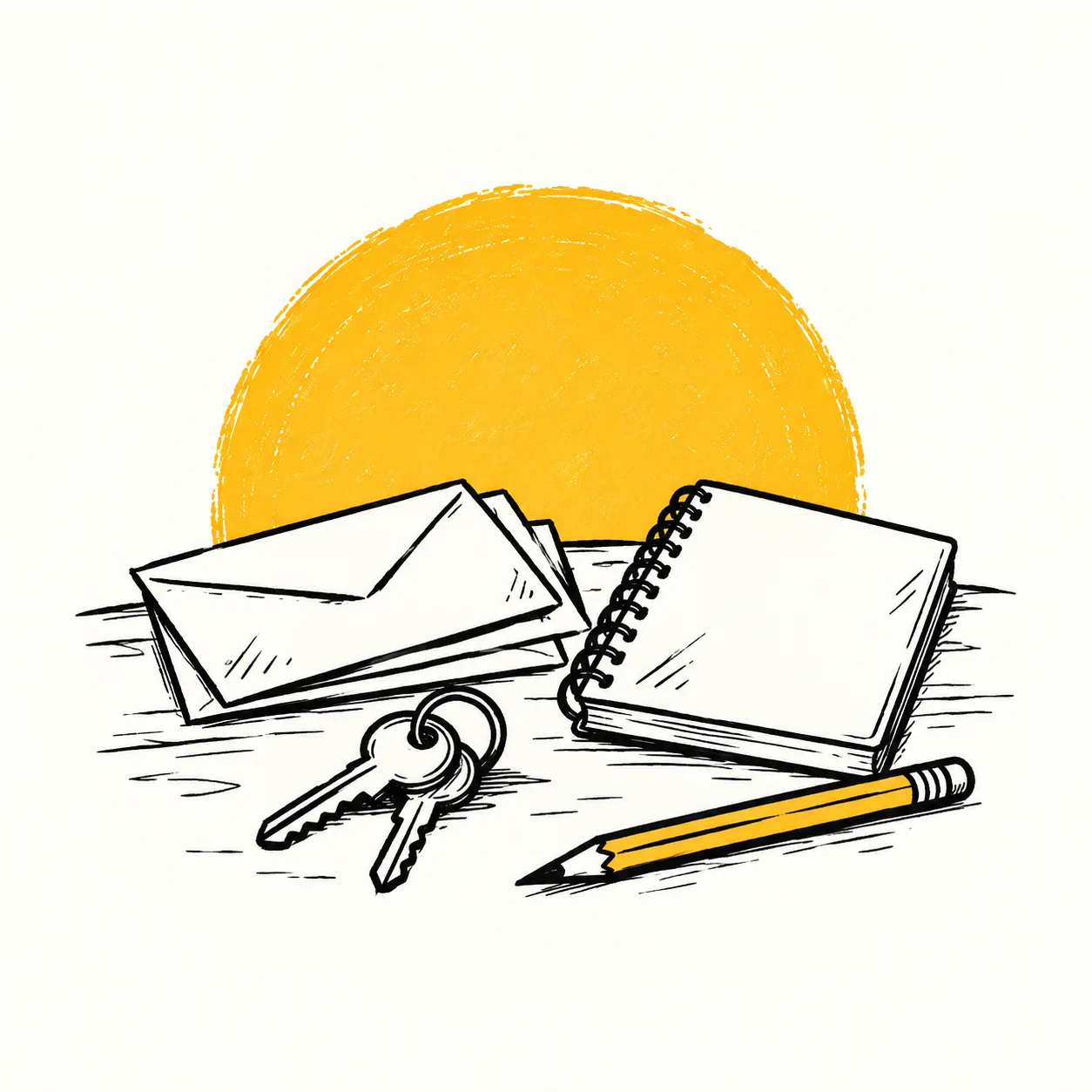 Envelopes, keys and a notebook on a desk