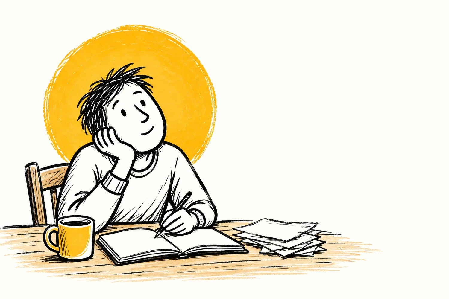 Hand-drawn person pausing over a notebook and a cup of coffee
