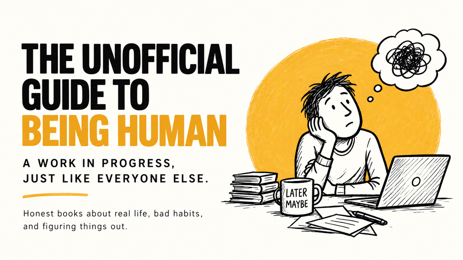 A hand-drawn man with a tangled thought bubble, books and coffee.