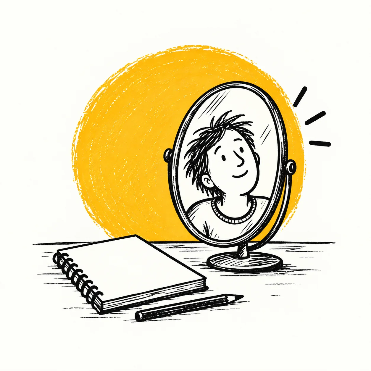 Hand-drawn person looking into a small mirror