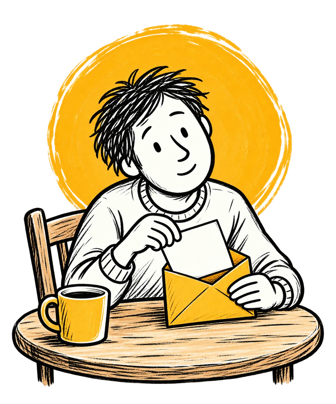 Hand-drawn person putting a personal note into a gold envelope