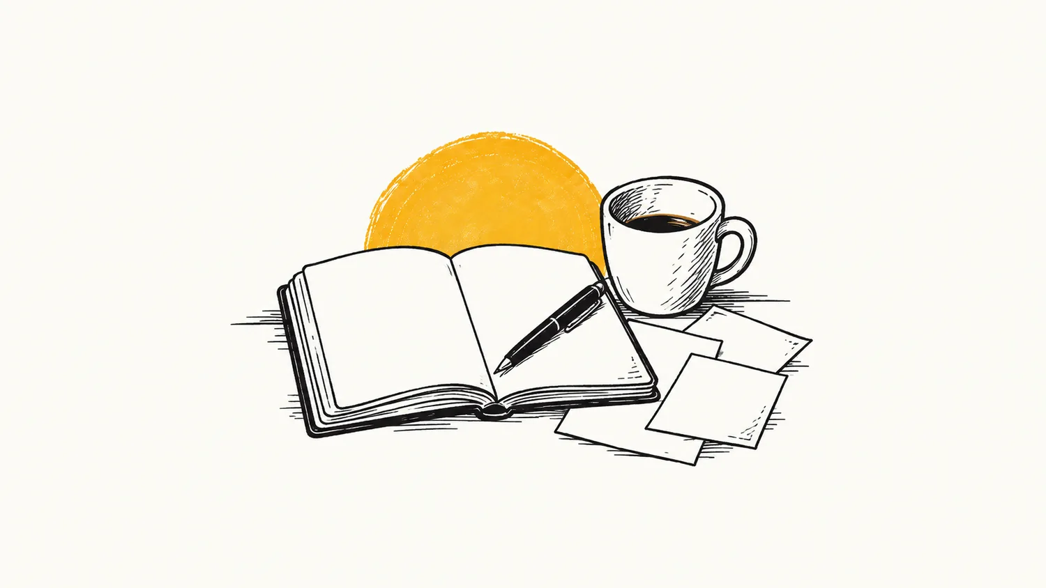 An open notebook, pen and cup of coffee