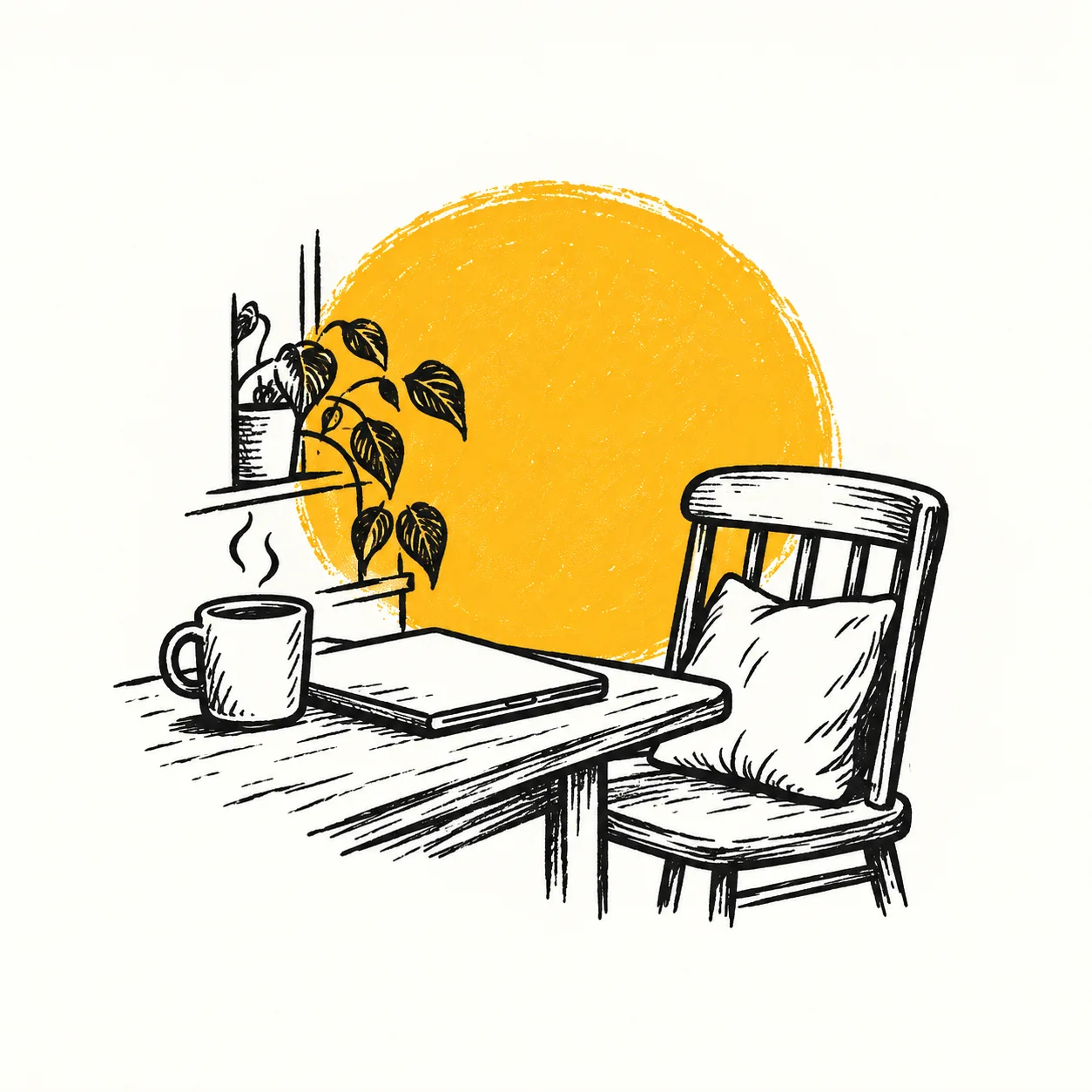 A quiet chair beside a notebook and coffee